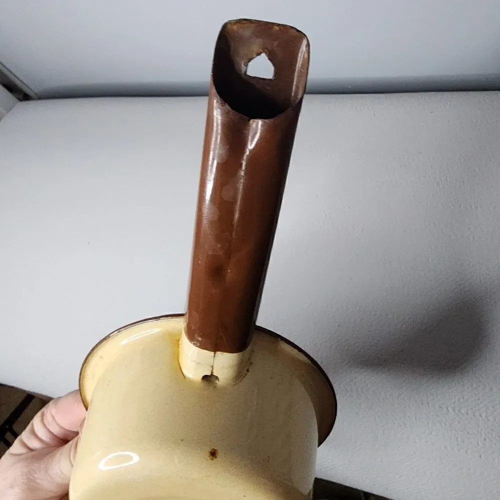 Vintage Little Saucepan Enamelware Tan with Brown Trim & Handle 5